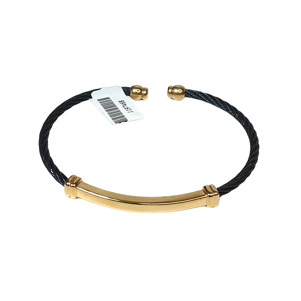 Unisex BS Stainless Steel Black Cable Wire Cuff Bracelet Gold Tone Tagged